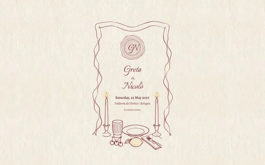 The Amélie design on a laptop: the names Greta and Nicolò framed by a ribbon drawn in burgundy ink, with a candlelit dinner table sketched underneath
