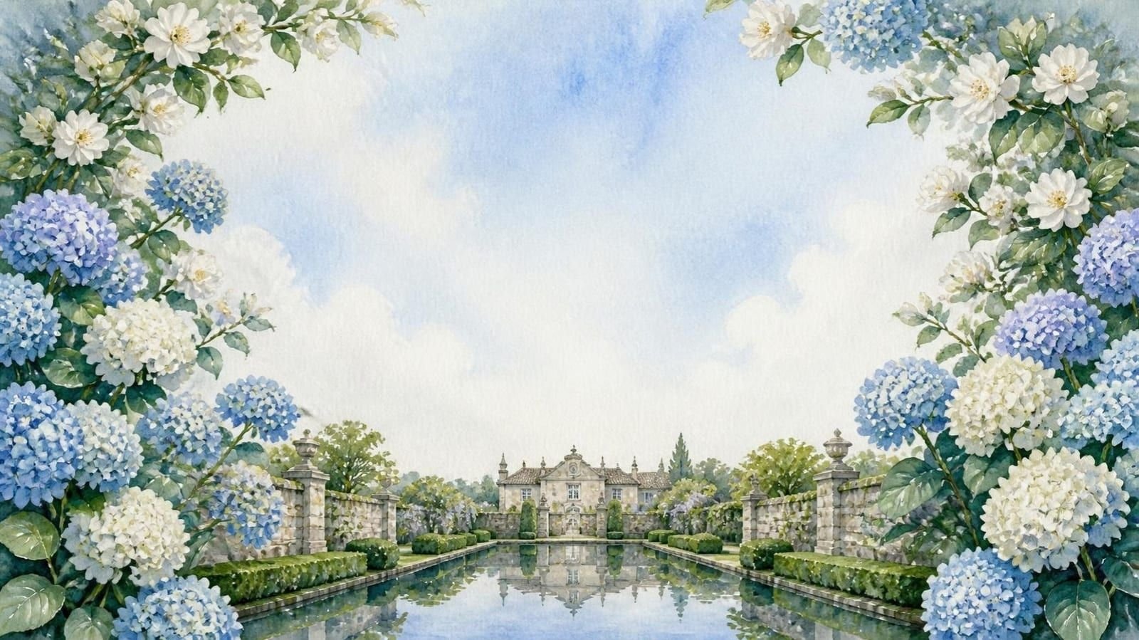 Acquerello di un arco di ortensie blu e bianche tra muri di granito, con siepi di bosso e una lunga vasca che riflette il cielo