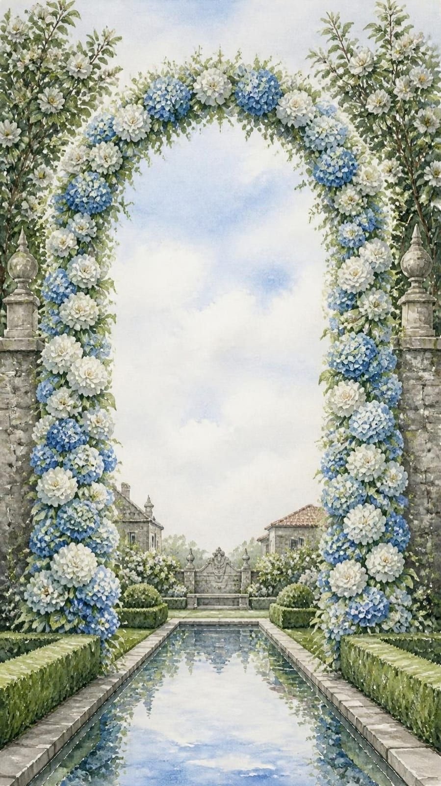 Acquerello di un arco di ortensie blu e bianche tra muri di granito, con siepi di bosso e una lunga vasca che riflette il cielo