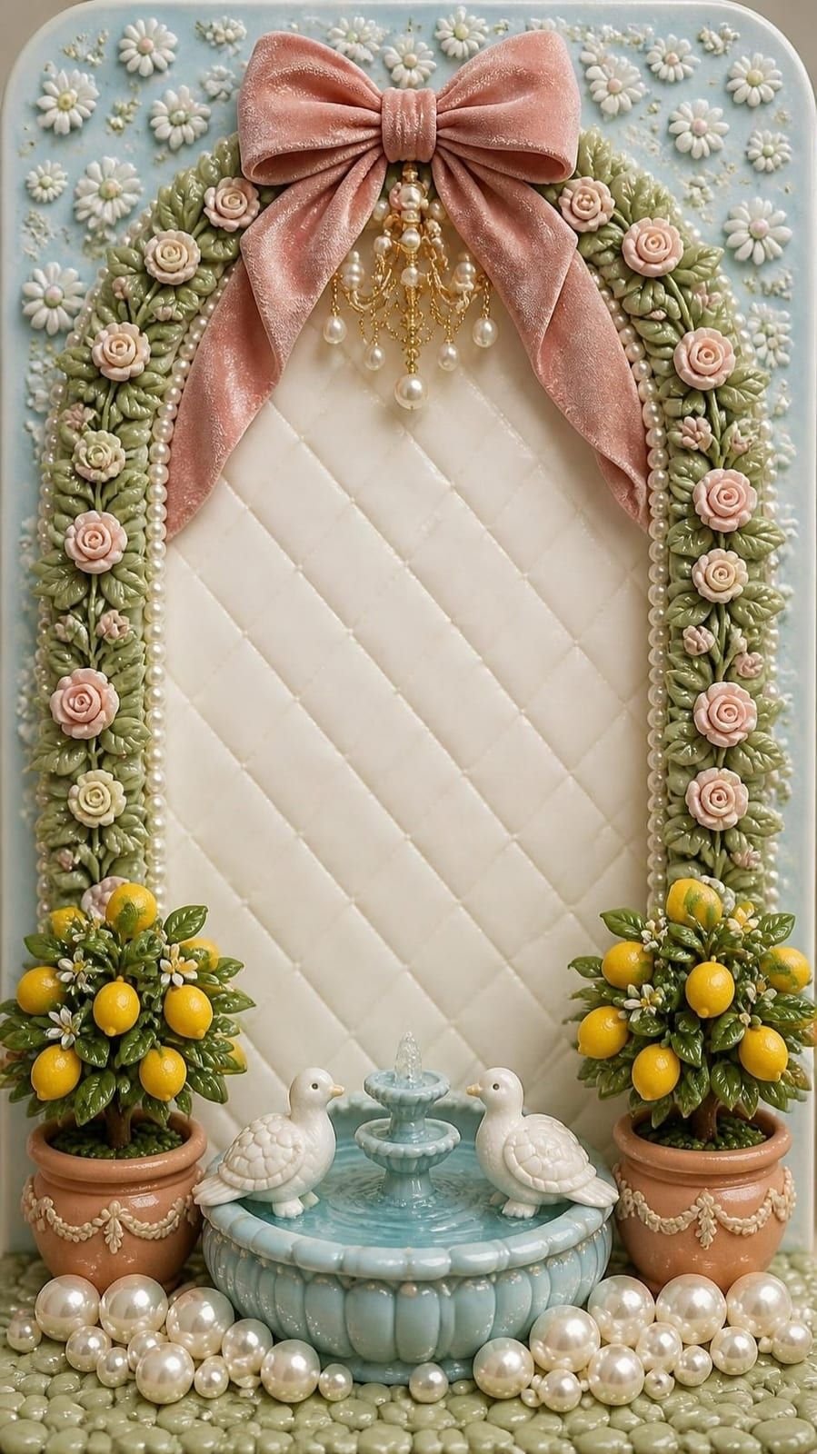 Diorama de azúcar y arcilla: un arco de hojas con rosas y perlas, un lazo de terciopelo rosa con una lamparita de perlas, dos limoneros en macetas y una fuente azul con dos tórtolas