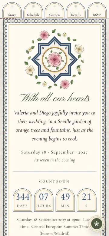 The Azahar wedding website on a phone: a top menu with an RSVP tab, the wedding date and a countdown