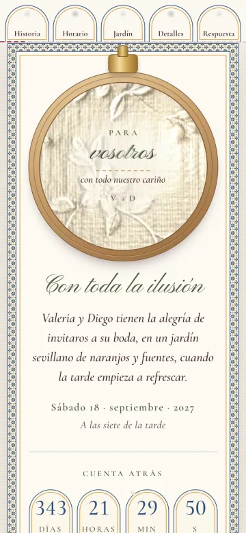 Pantalla de la invitación digital Azahar en el móvil: Valeria y Diego invitan a su boda en un jardín sevillano el sábado 18 de septiembre de 2027 a las siete de la tarde