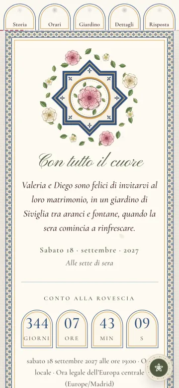 Sito del matrimonio Azahar sullo smartphone: menu in alto con la scheda Risposta, la data delle nozze e il conto alla rovescia