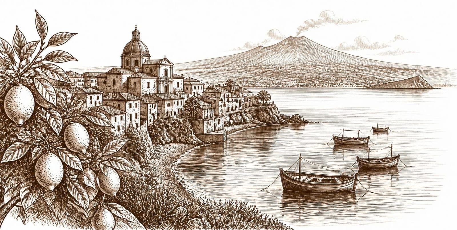 Stich in Sepiatusche: eine sizilianische Bucht mit einem Städtchen und seiner Kuppel, Fischerbooten, einem Zitronenbaum und dem Vulkan im Hintergrund