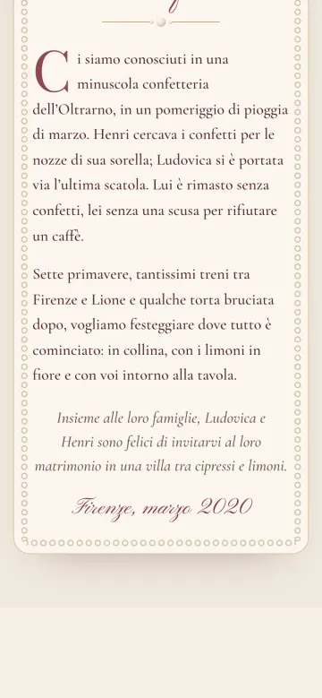 Schermata del sito di nozze Bomboniera sul telefono: la storia di Ludovica e Henri, conosciuti in una confetteria di Firenze, tra treni per Lione e limoni in fiore
