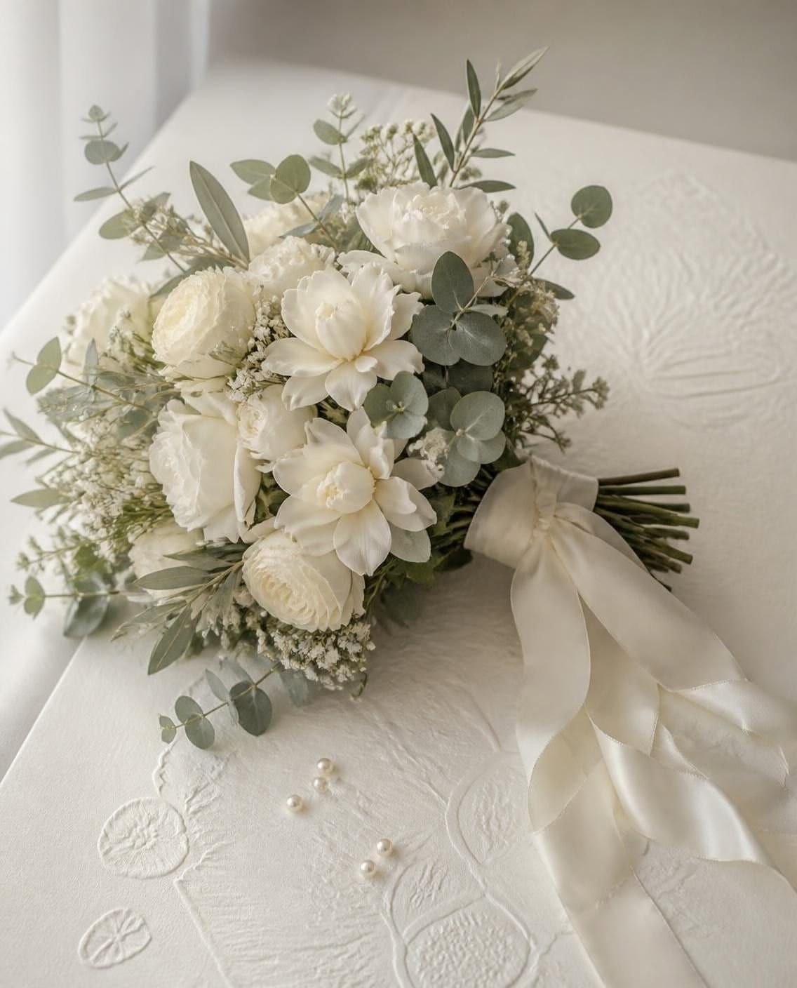 Bouquet de mariée de gardénias, roses blanches, gypsophile et feuillage argenté, noué d’un ruban de soie ivoire, sur du papier gaufré