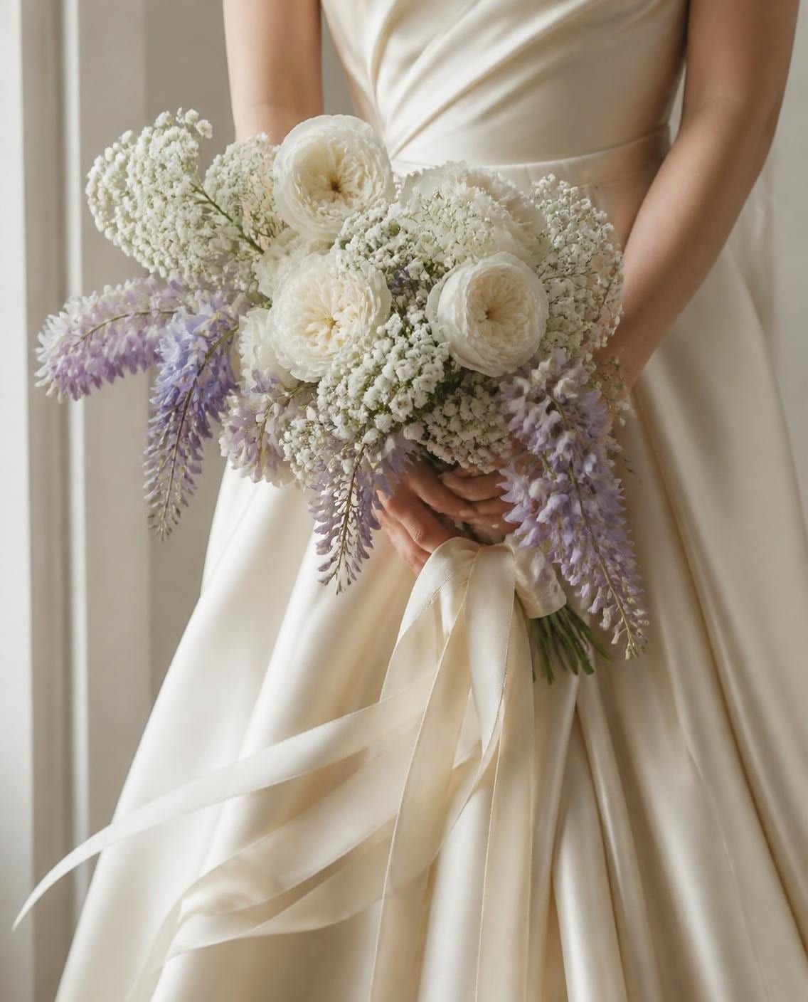 Bouquet da sposa di rose bianche, gipsofila e glicine, legato con un nastro di seta avorio, su un abito di seta