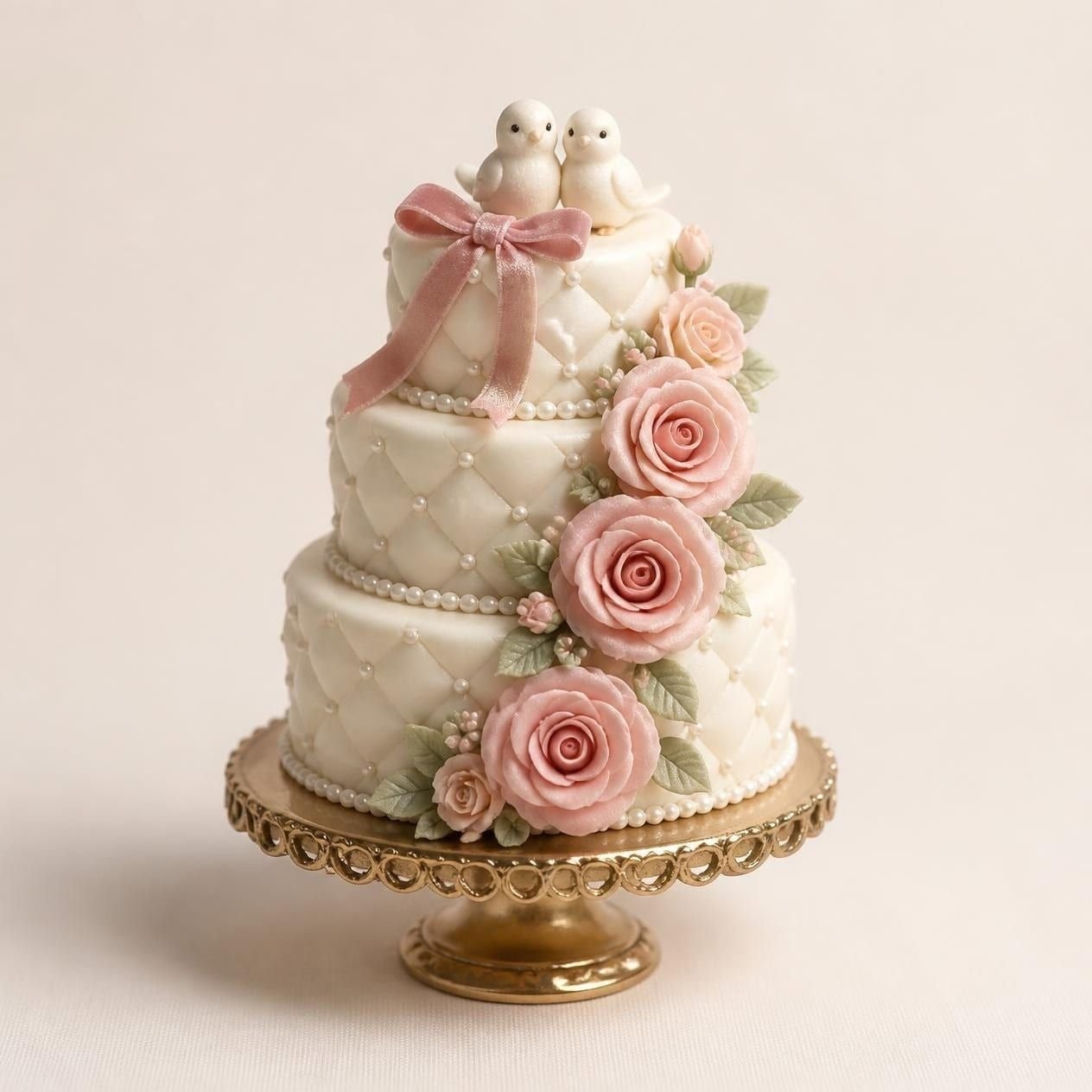 Tarta de tres pisos de azúcar acolchada con perlas, rosas rosas y dos tórtolas sobre un pie dorado