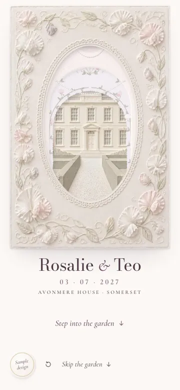 The Calado design on a phone: a cut-paper frame of sweet peas around a Regency house, Rosalie & Teo, 03 · 07 · 2027, Avonmere House, Somerset