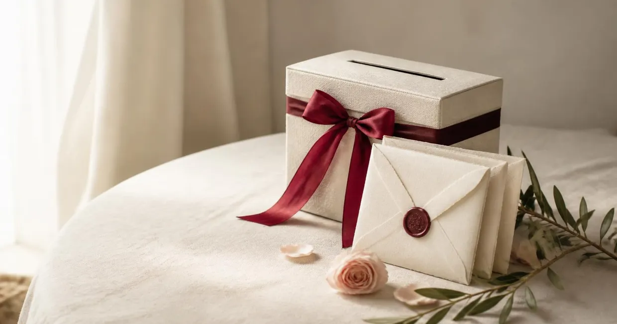 Caja de lino marfil con ranura para sobres, atada con un lazo burdeos, junto a sobres lacrados, una rosa y una rama de olivo