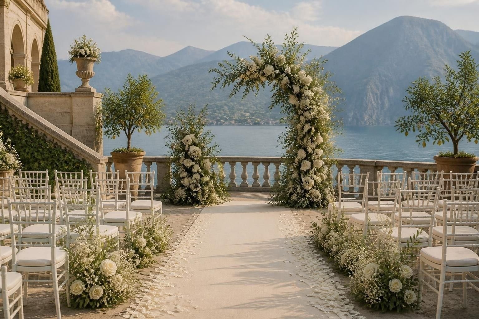 Cérémonie installée sur une terrasse de pierre au bord du lac, avec des chaises blanches, une allée de lin semée de pétales et une arche asymétrique de gardénias, de roses blanches et de feuilles d’olivier, avec les montagnes au loin