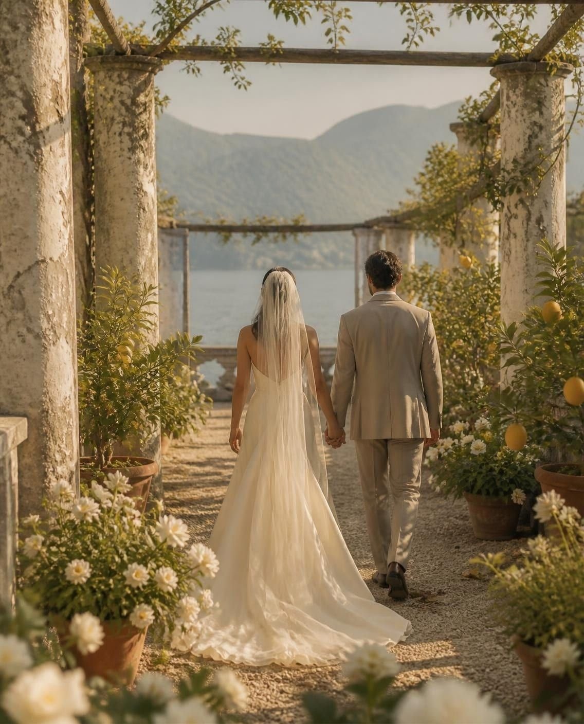 Un couple de mariés, de dos et main dans la main, marche dans un jardin de citronniers entre des piliers de pierre, avec le lac et les montagnes au loin, dans la lumière dorée de l’après-midi