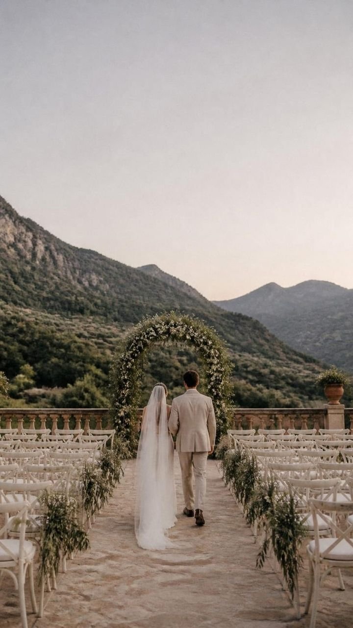 Ceremonia al anochecer en una terraza de piedra: la pareja, de espaldas, camina por un pasillo de sillas blancas hacia un arco de flores, con las montañas al fondo.