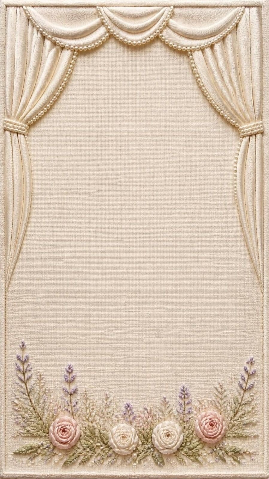 Bordado en relieve sobre lino: cortinas de seda marfil con perlas y, abajo, una cenefa de lavanda, olivo y rosas