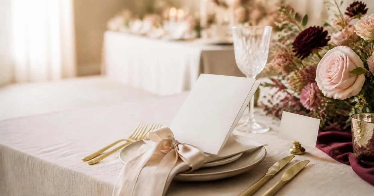 Mesa de boda puesta con una minuta en blanco sobre la servilleta con lazo, un marcasitios dorado, copa de cristal y rosas