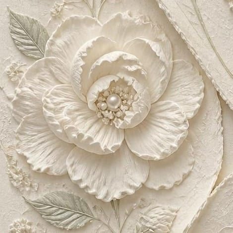 Détail de l’enveloppe du faire-part : camélias et feuilles de sauge en relief sur papier coton, avec des étamines de perles
