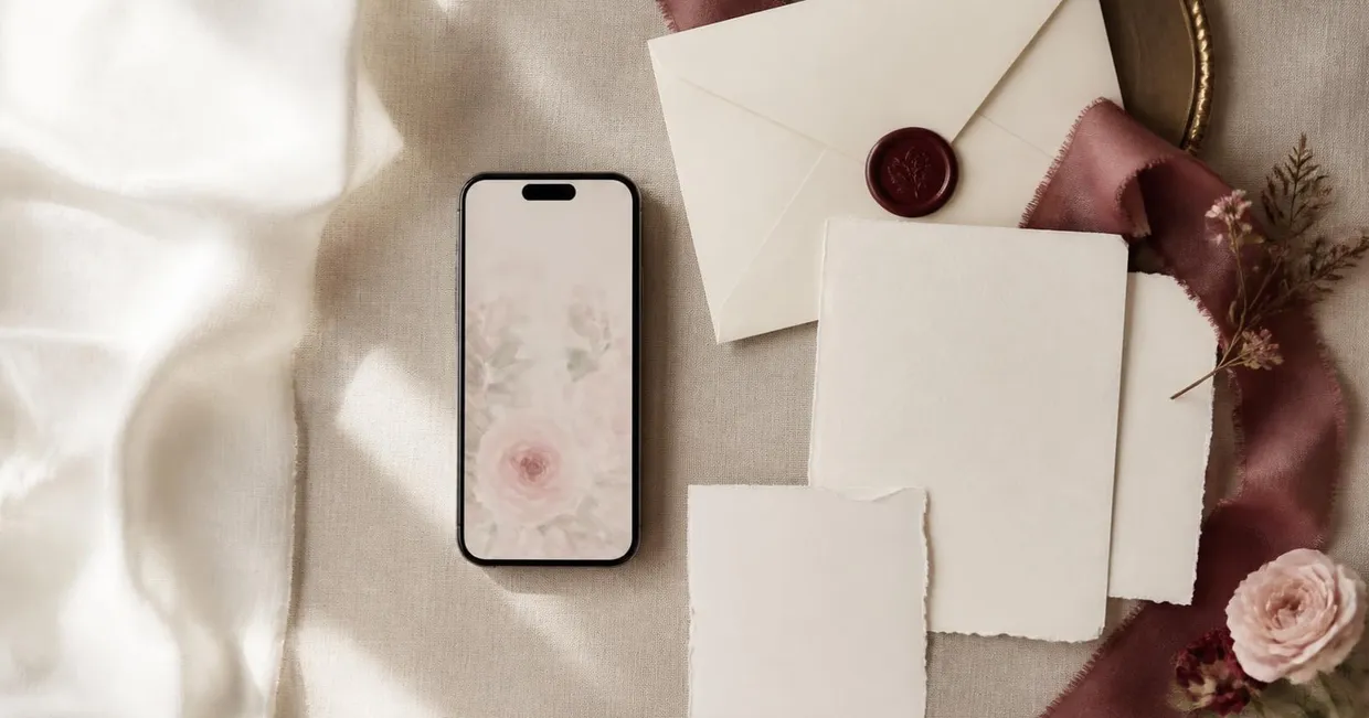 Un móvil con una pantalla floral junto a una invitación de papel en blanco, un sobre con lacre burdeos y una cinta de seda