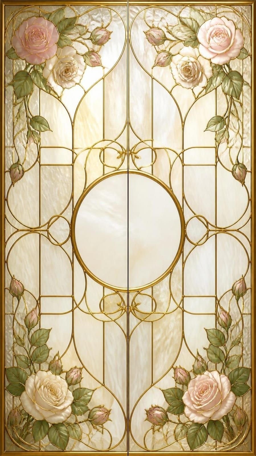 Vidriera modernista de dos hojas en vidrio opalescente marfil, con rosas rubor y hojas salvia en las esquinas, plomo dorado de curvas látigo y un medallón redondo en el centro