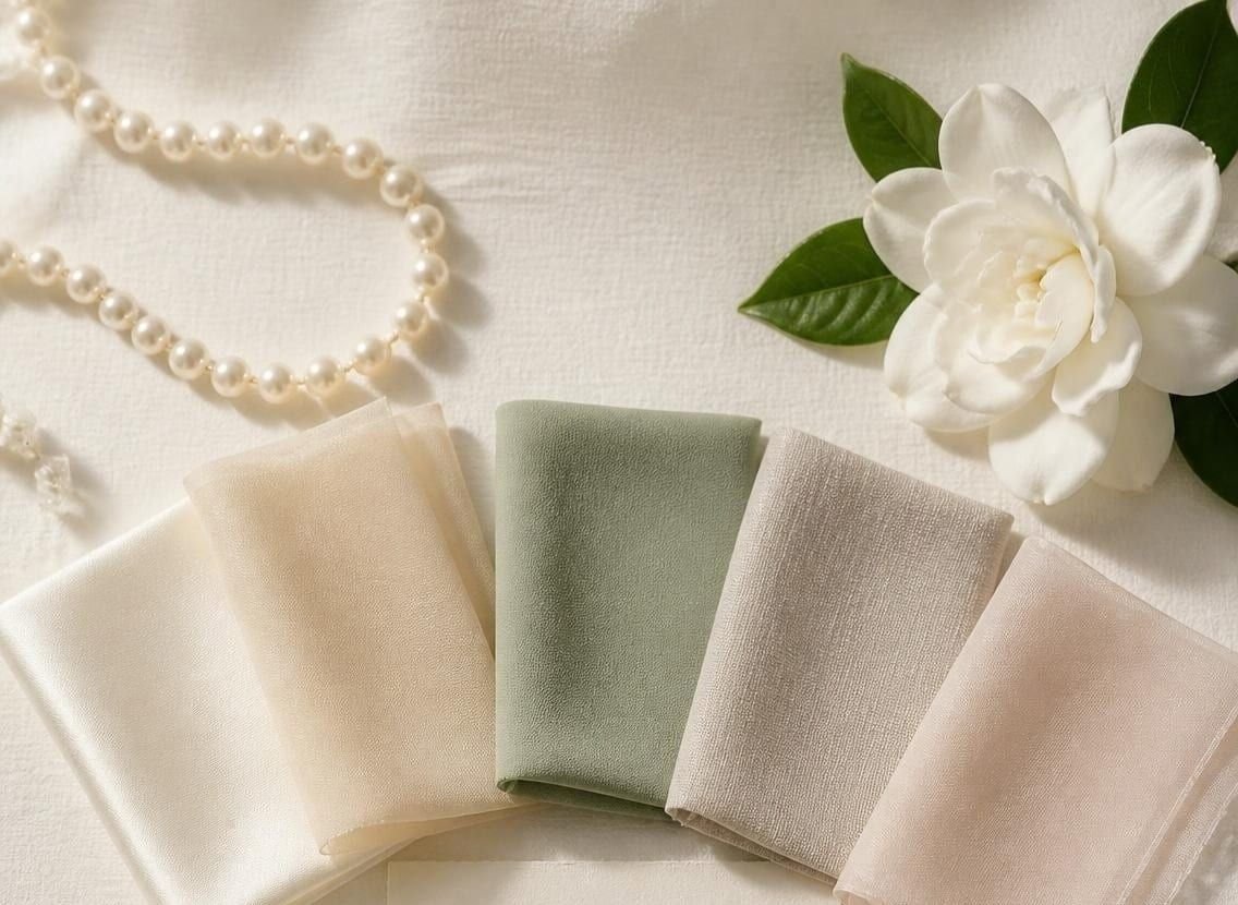 Échantillons de tissu pliés en éventail sur du papier coton : soie ivoire, mousseline champagne, crêpe sauge, lin taupe et organza rose poudré, avec un rang de perles, un gardénia et de la gypsophile