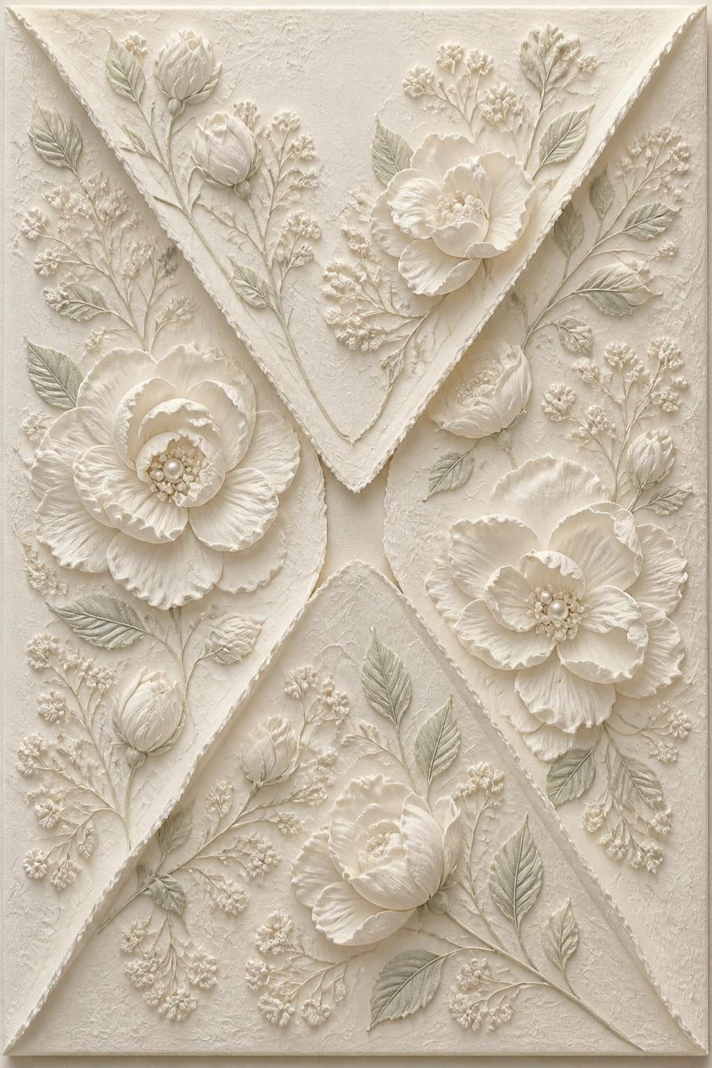 Enveloppe en épais papier coton ivoire, fermée par quatre rabats aux bords frangés et ornée en relief de gardénias, de camélias, de gypsophile et de feuilles de sauge ; au centre, une perle sertie d’or avec une étiquette où l’on lit « Ouvrez-moi »