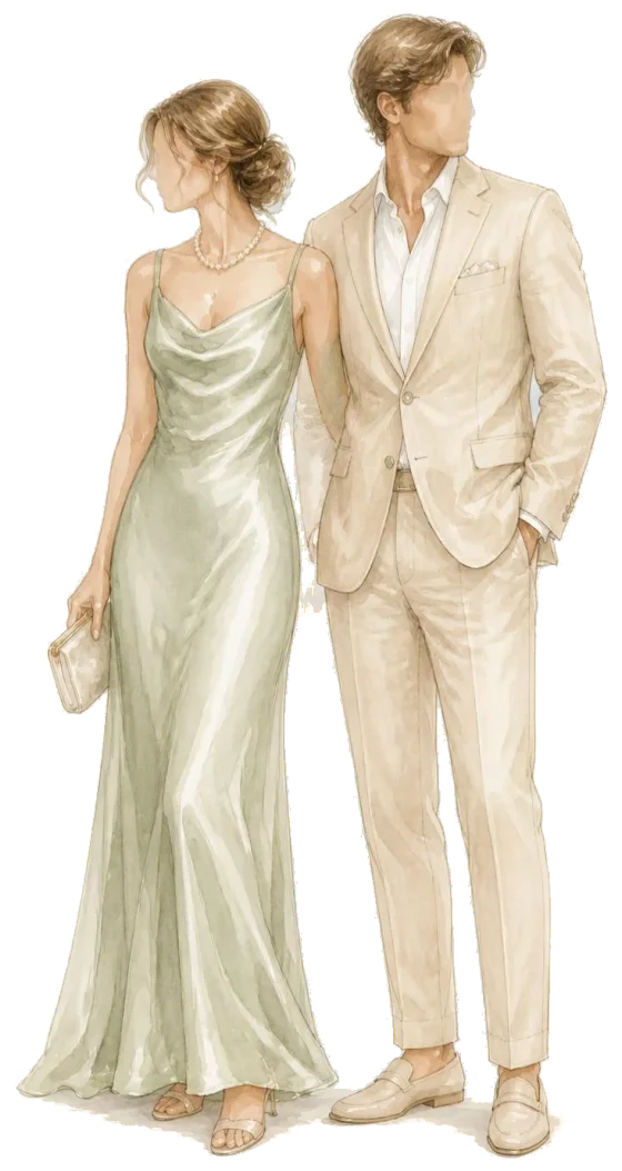 Figurín pintado a la acuarela: dos invitados vestidos de tarde, ella con un vestido largo verde salino y él con un traje de lino color arena