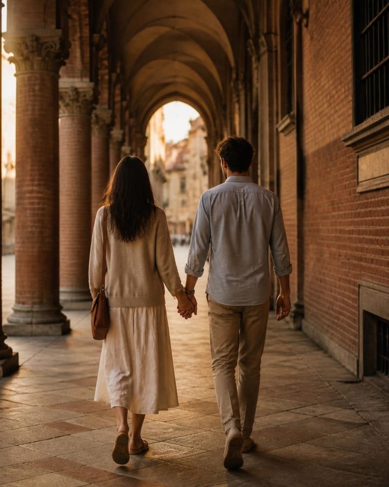 Una pareja de espaldas paseando de la mano bajo unos pórticos de ladrillo al atardecer