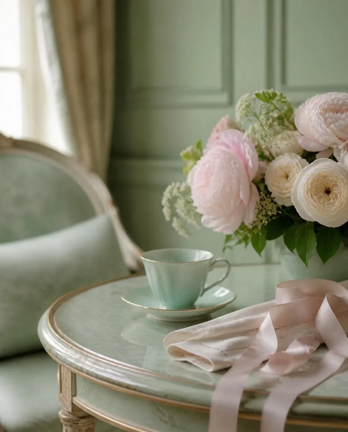 Peonías y rosas de porcelana sobre una mesa de té
