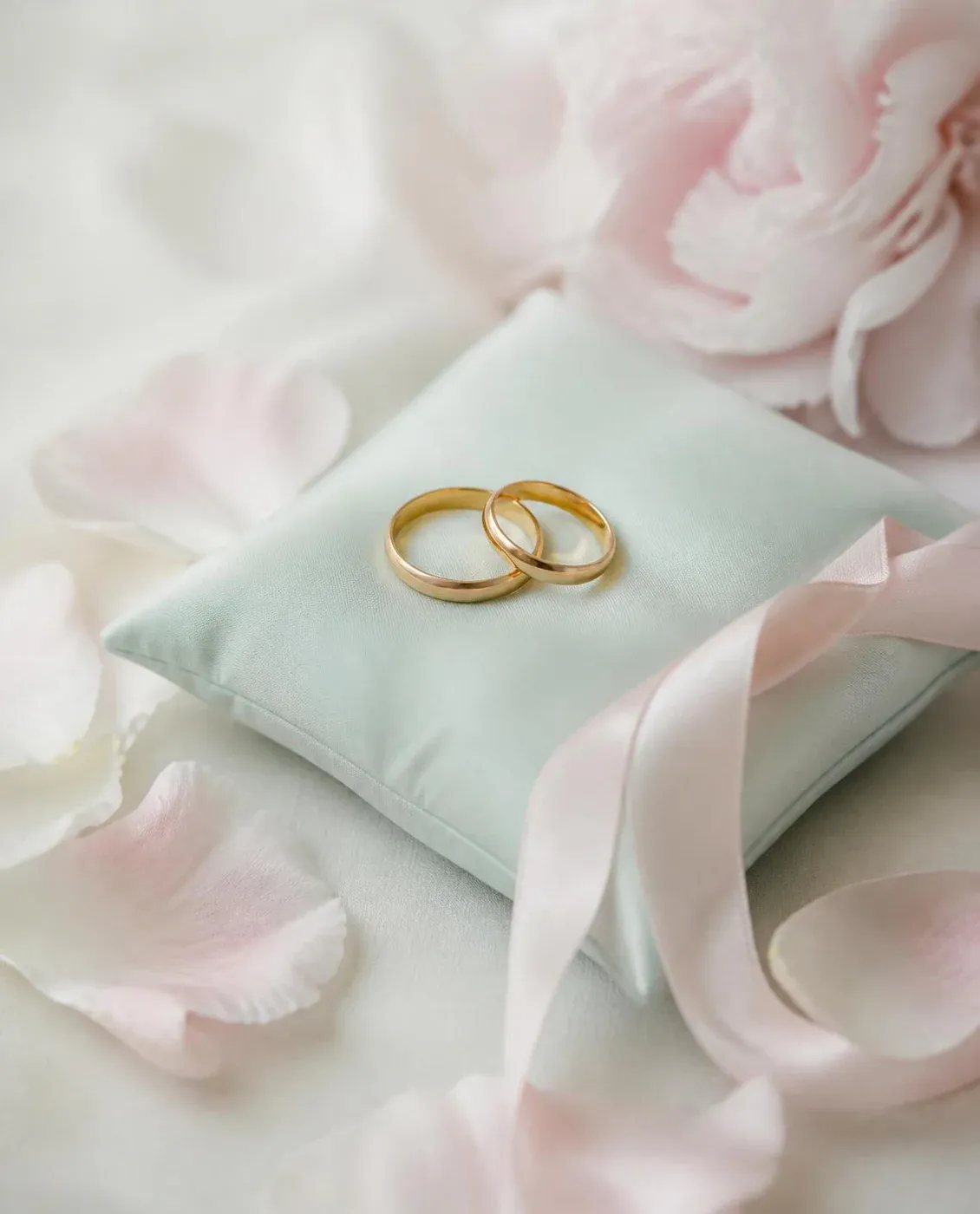 Dos anillos sobre un cojín de seda celadón entre pétalos