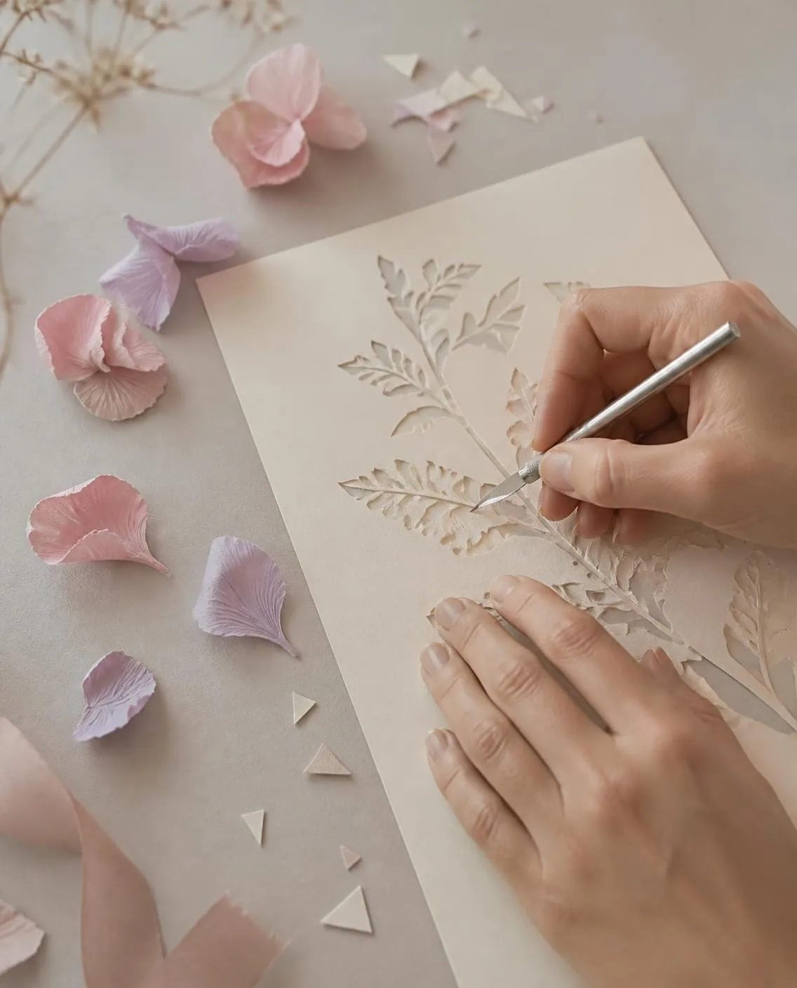 Manos recortando con un bisturí un motivo de hojas en papel marfil, entre pétalos de papel
