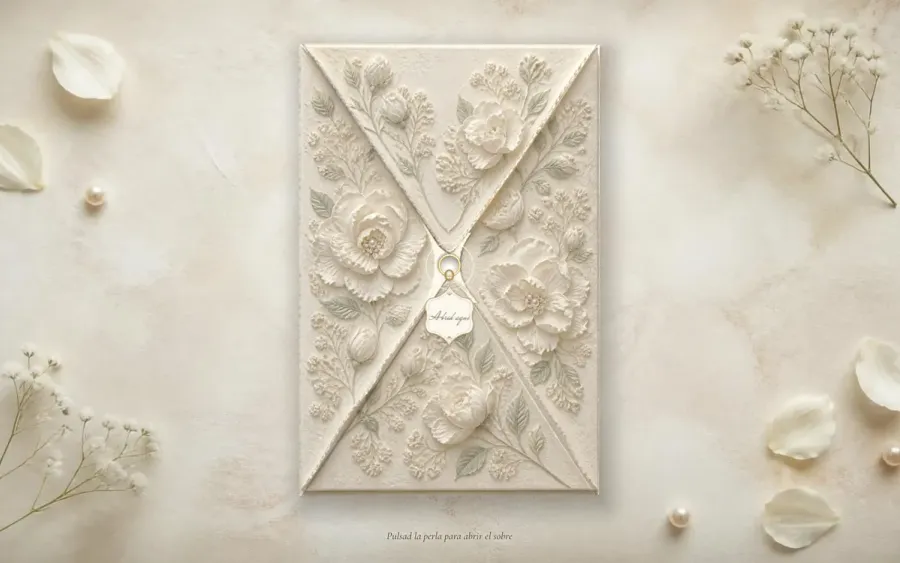 Invitación digital Gardenia en un ordenador: sobre de papel de algodón en relieve con gardenias y una etiqueta colgada de una perla