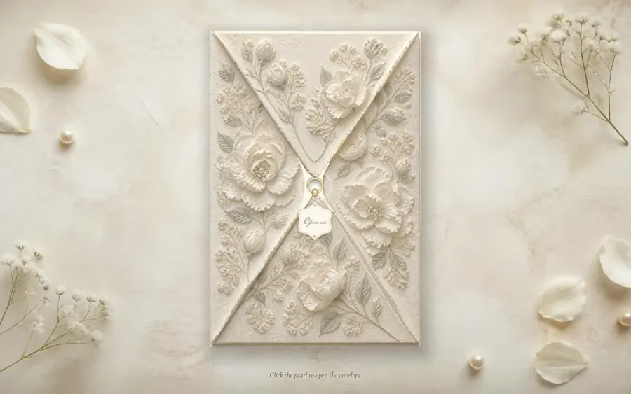 The Gardenia digital invitation on a laptop: an embossed cotton-paper envelope with gardenias and a tag hanging from a pearl