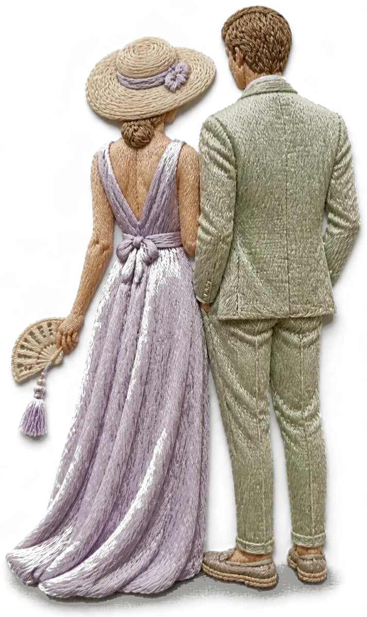 Bordado en relieve: una invitada de espaldas con vestido largo de seda lavanda, pamela y abanico, y un invitado con traje de lino verde salvia