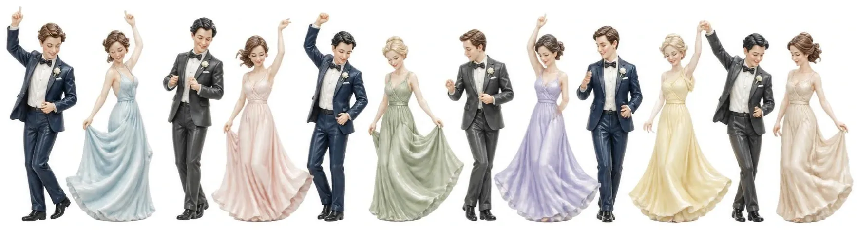 Ilustración de once invitados de boda bailando como figuritas de porcelana: ellos con chaqueta azul marino o gris, ellas con vestidos largos en azul, rosa, salvia, lila, limón y champán