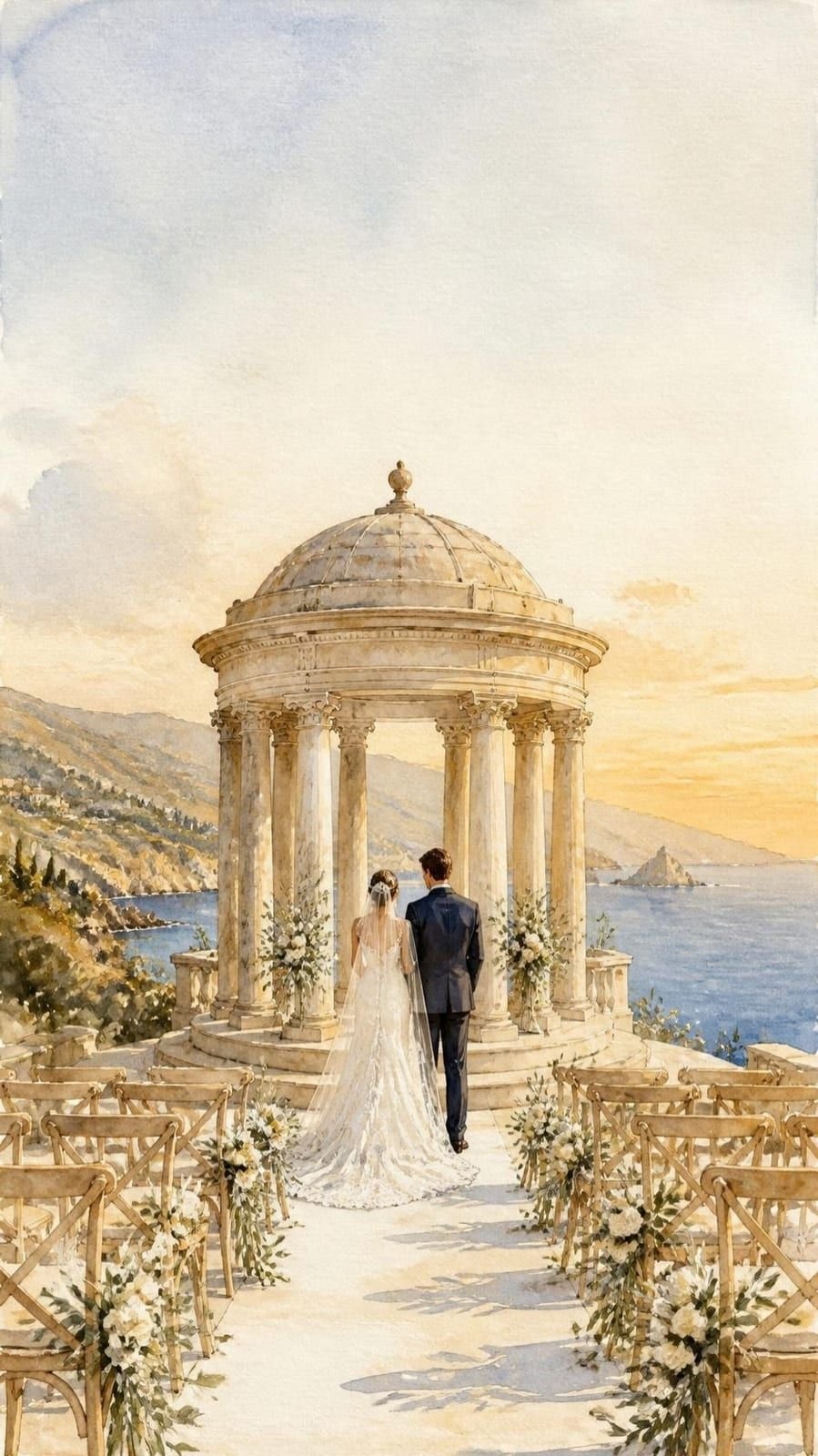 Aquarell: ein Paar von hinten in einem runden Marmortempel auf einer sizilianischen Klippe bei Sonnenuntergang; davor ein weißer Gang zwischen Holzstühlen mit Rosen, dahinter das blaue Meer