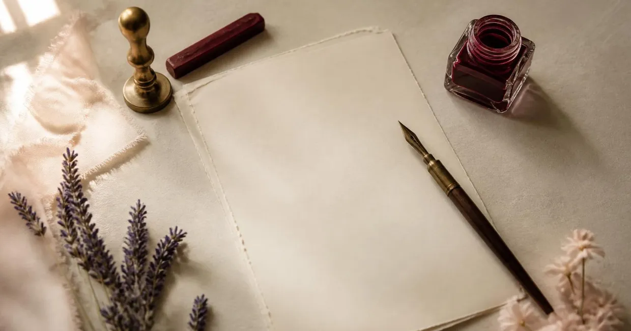 Scrittoio da calligrafia: calamaio bordeaux, pennino antico su carta di cotone bianca, sigillo, ceralacca e lavanda
