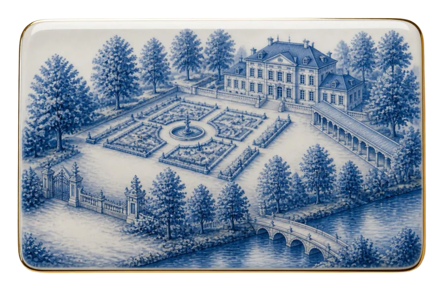 Plano ilustrado del palacio: la entrada, el jardín de la fuente para la ceremonia, la galería del cóctel, el salón de la cena y el aparcamiento, junto al río