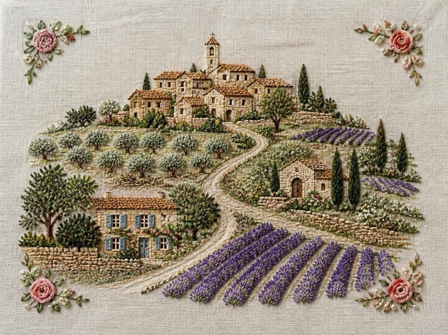 Mappa ricamata e illustrativa: un borgo di pietra in cima a una collina, uliveti, una cappella, la bastide e campi di lavanda lungo una strada