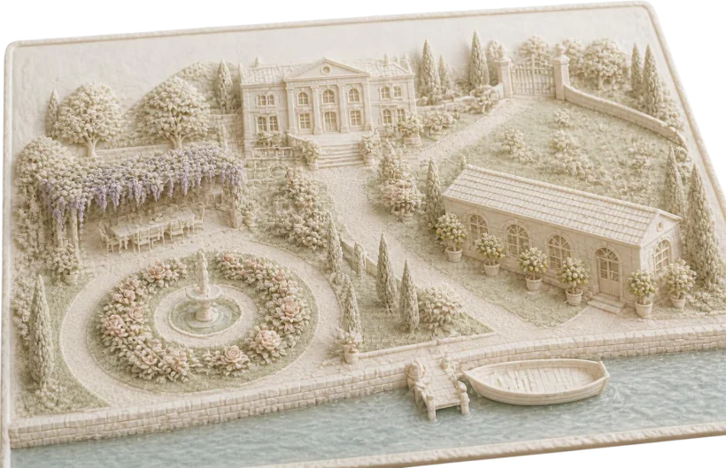 Plattegrond in reliëf van de villa, van bovenaf gezien: de ingang, de rozentuin voor de ceremonie, de limonaia voor het aperitief, de pergola voor het diner en de stuczaal voor het feest, aan het kanaal