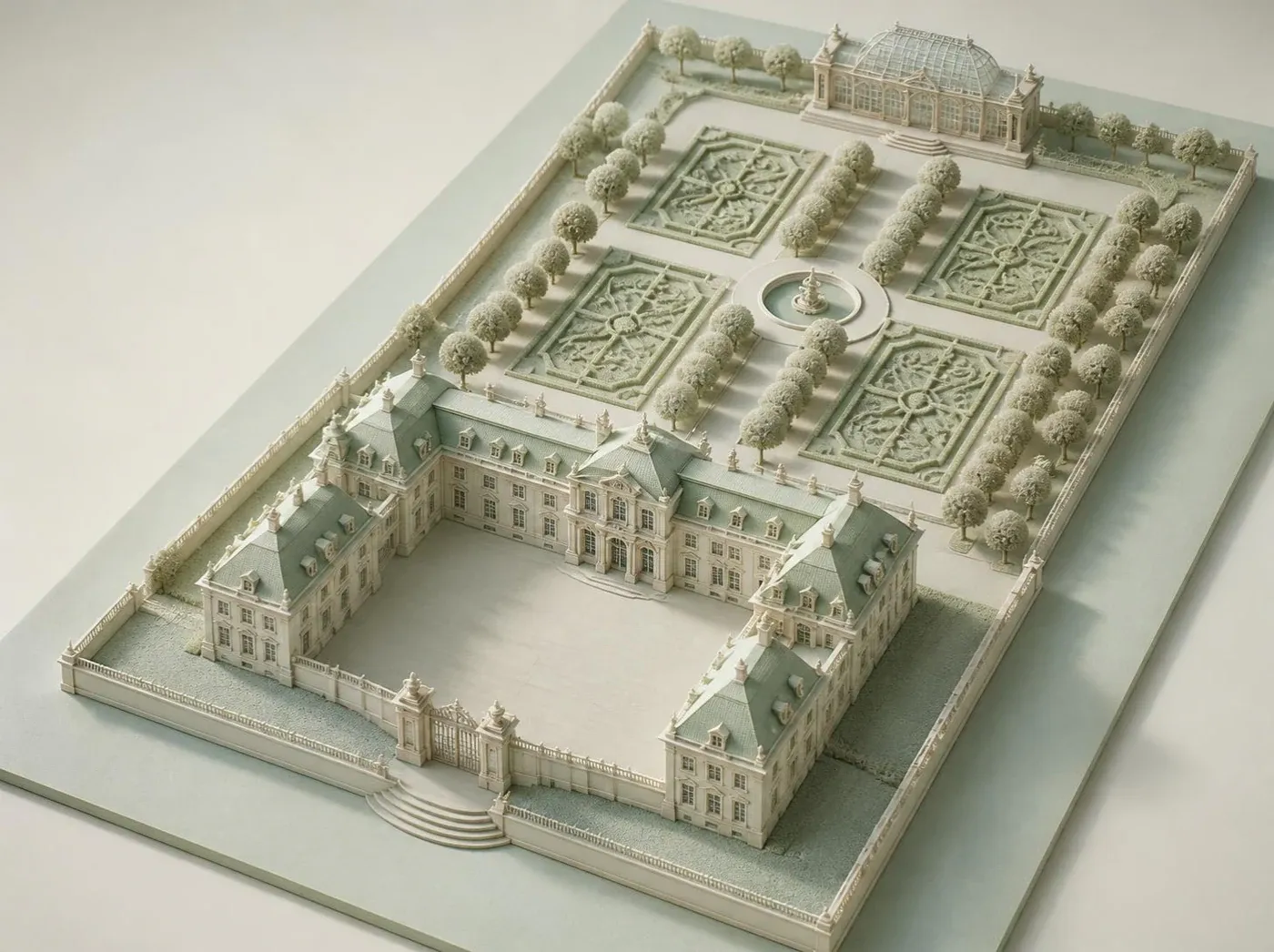 Maqueta en relieve de yeso de un pequeño palacio barroco con su patio de honor, un parterre de tilos, una fuente y una orangerie