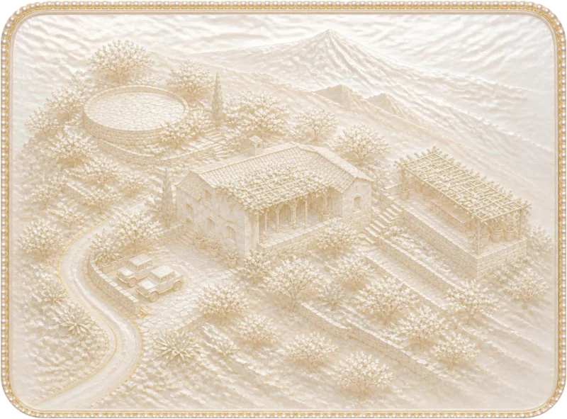 Mapa pintado a la acuarela: la hacienda en una ladera bajo la cumbre, con la era redonda de la ceremonia, la casa con su patio bajo la parra, la terraza con pérgola y el aparcamiento junto al camino