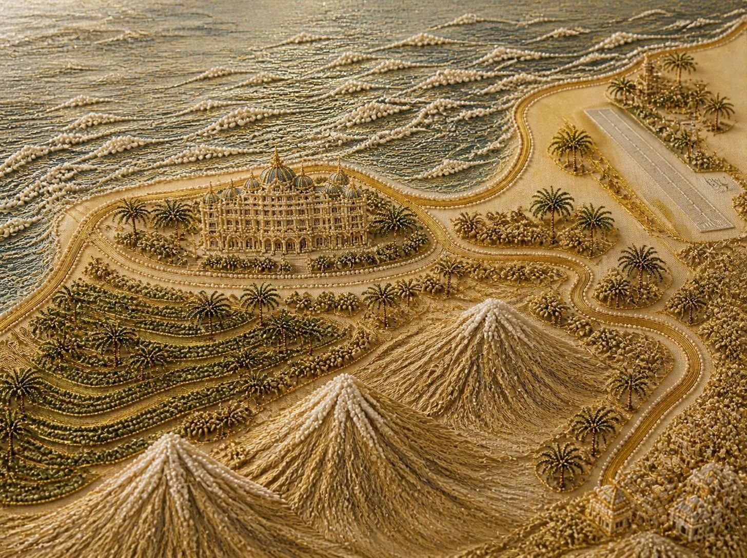 Mapa ilustrativo de una costa norte ficticia: el autobús llega desde el aeropuerto del norte y desde Santa Cruz por la carretera del valle hasta el Gran Hotel Dracena, con su jardín de palmeras junto al paseo del mar; al fondo, las cumbres.