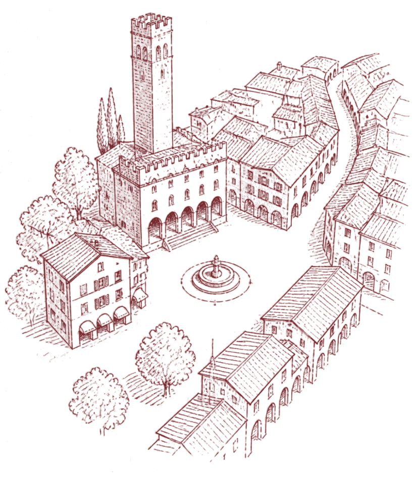 Mapa dibujado a pluma de un centro histórico ficticio: calles con pórticos, una torre, una plaza con fuente, el ayuntamiento y la trattoria