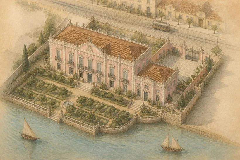 Plano ilustrado del palacete: la entrada, el salón de baile para la ceremonia, el jardín de los limoneros para el cóctel y el comedor de los frescos para la cena, junto al río