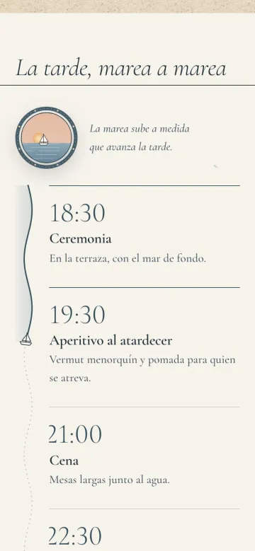 Pantalla de la web de boda Marea en el móvil con el programa del día: ceremonia a las 18:30, aperitivo, cena y fiesta