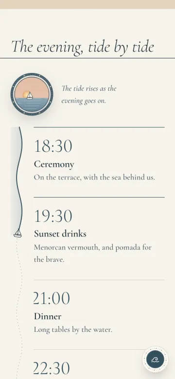 The Marea wedding website on a phone showing the evening schedule in English: ceremony at 18:30, sunset drinks at 19:30 and dinner at 21:00