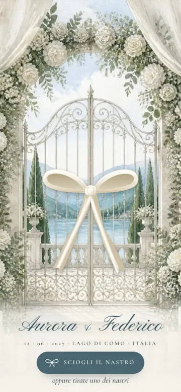 Design The Silk Ribbon sul telefono: un cancello di fiori bianchi chiuso da un nastro davanti al lago, Aurora e Federico, 12 · 06 · 2027, Lago di Como