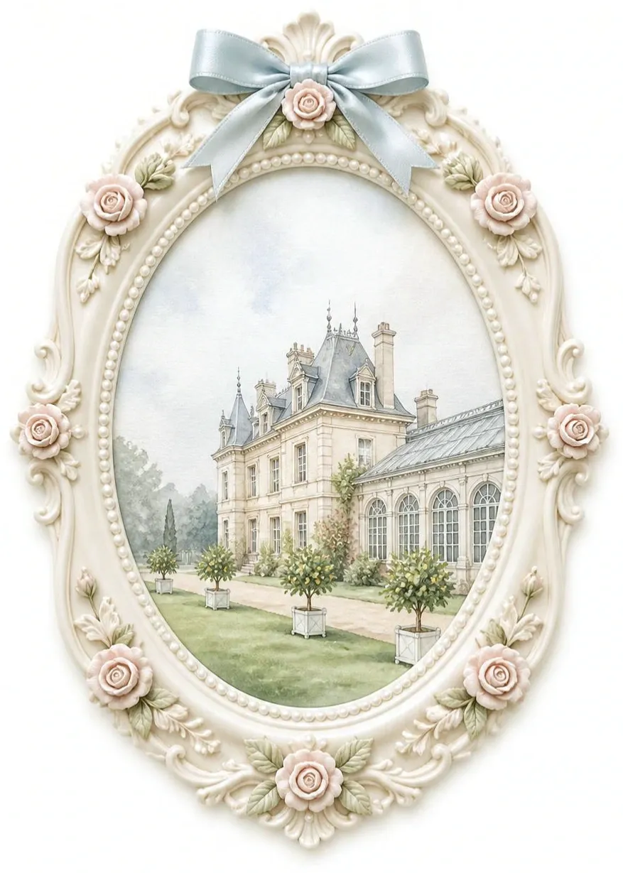 Acuarela de un pequeño château de piedra clara y tejados de pizarra, con una orangerie de cristal y limoneros en macetas blancas, dentro de un marco ovalado de porcelana con rosas y un lazo azul