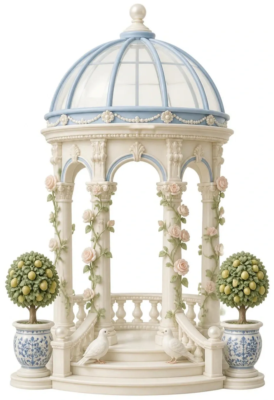 Pequeño pabellón de porcelana con columnas, cúpula de cristal, limoneros en macetas azules y dos palomas blancas en la escalinata