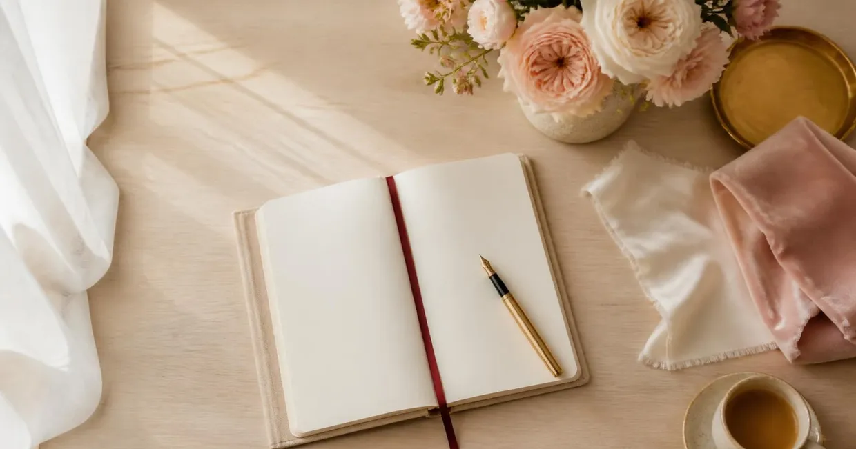 Open planner with blank pages, a gold fountain pen, silk and velvet swatches, roses and a cup of coffee