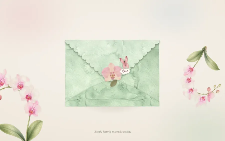 The Riviera digital invitation on a laptop: a sage-green watercolour envelope sealed with a pink orchid and a butterfly